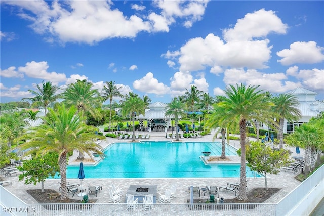 view of swimming pool featuring a gazebo and a patio