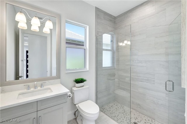 bathroom featuring vanity, toilet, and a shower with shower door