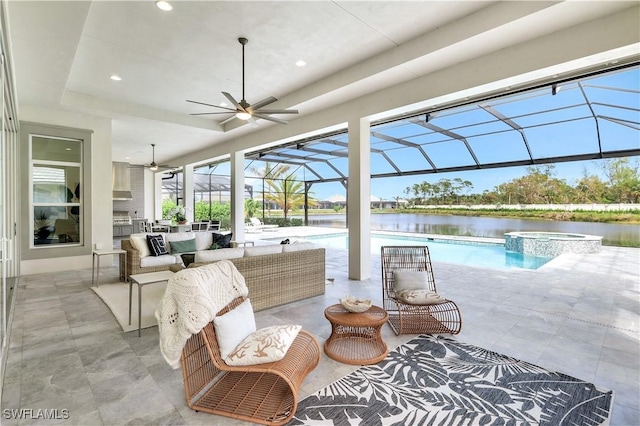 view of patio with outdoor lounge area, a swimming pool with hot tub, a water view, and glass enclosure