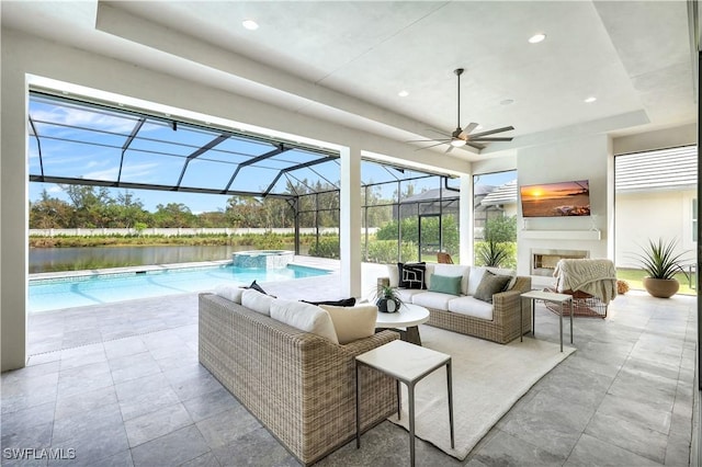 view of patio featuring an outdoor living space with a fireplace, glass enclosure, a pool with hot tub, and a water view