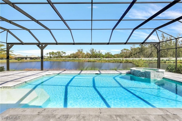 view of pool featuring a lanai, an in ground hot tub, a water view, and a patio