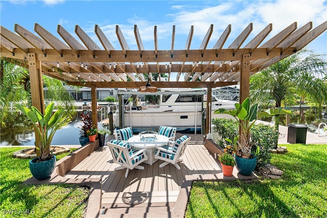 view of patio featuring a pergola and a water view