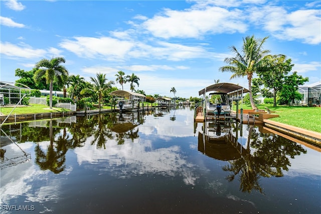 dock area with a water view