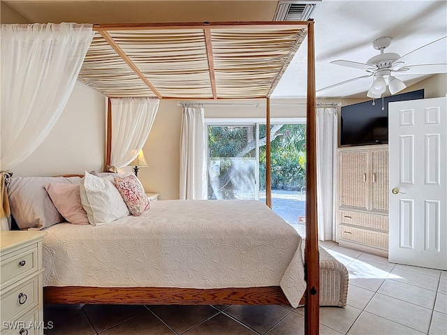 tiled bedroom featuring access to exterior and ceiling fan