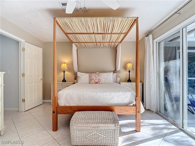 bedroom featuring ceiling fan, light tile patterned floors, and access to outside