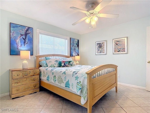 bedroom featuring ceiling fan and light tile patterned flooring