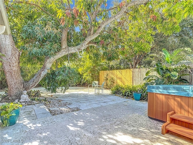 view of patio featuring a hot tub