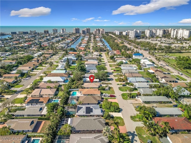 aerial view featuring a water view