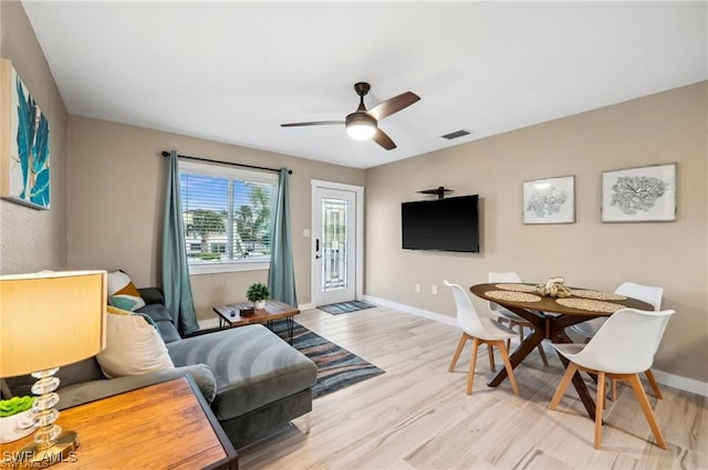 living area with light wood finished floors, visible vents, and baseboards