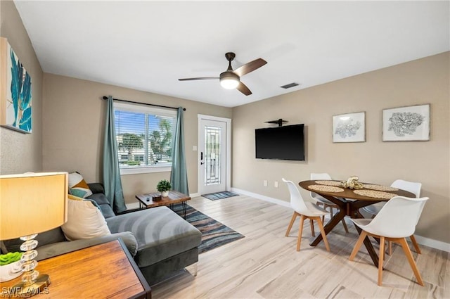 113/115 Bahia Viaduct, Fort Myers Beach, FL 33931 - living area featuring light wood-type flooring, a ceiling fan, and baseboards