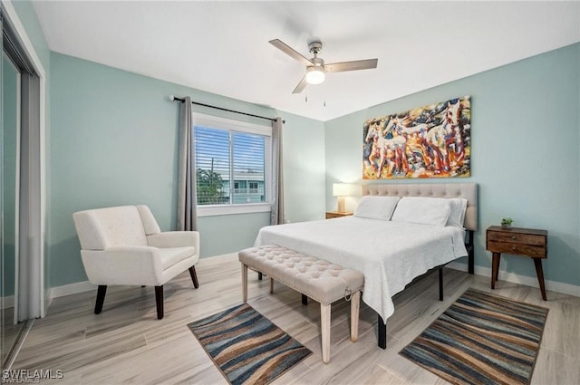 bedroom featuring ceiling fan and light hardwood / wood-style floors