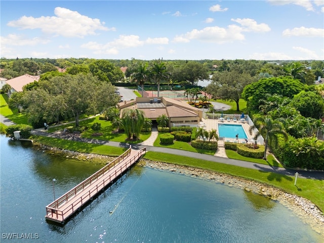 aerial view featuring a water view