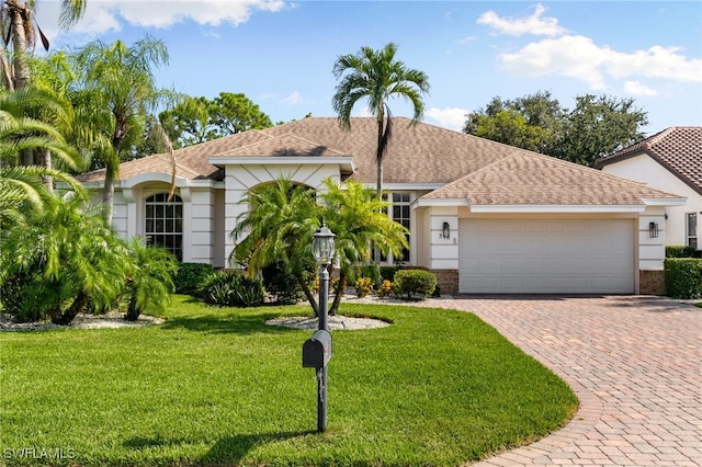 view of front of home with a front lawn and a garage