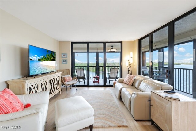 living room featuring floor to ceiling windows, light hardwood / wood-style floors, and a wealth of natural light