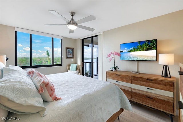 bedroom with ceiling fan, floor to ceiling windows, light hardwood / wood-style floors, and access to outside