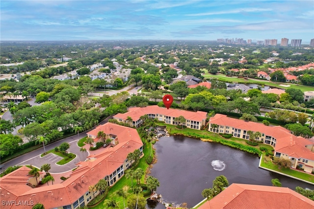 aerial view featuring a water view