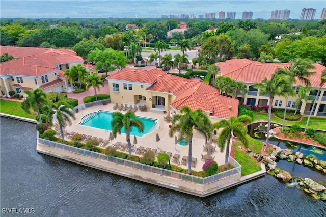 bird's eye view with a water view