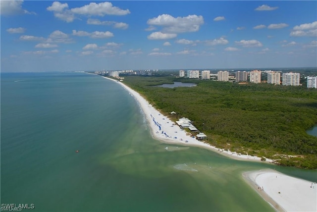 bird's eye view with a beach view and a water view