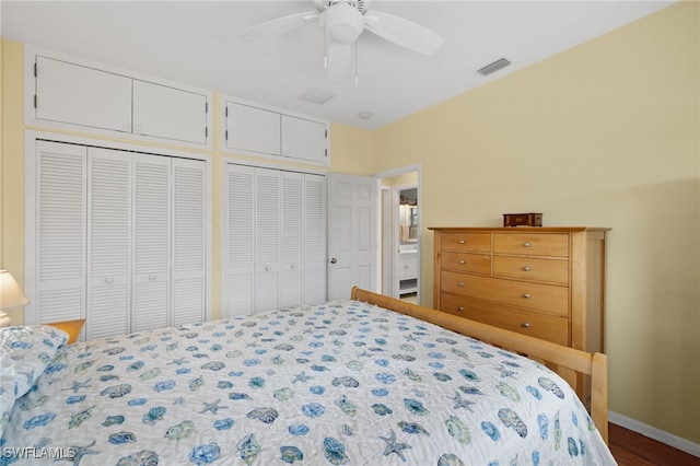 bedroom with ceiling fan, two closets, and hardwood / wood-style flooring