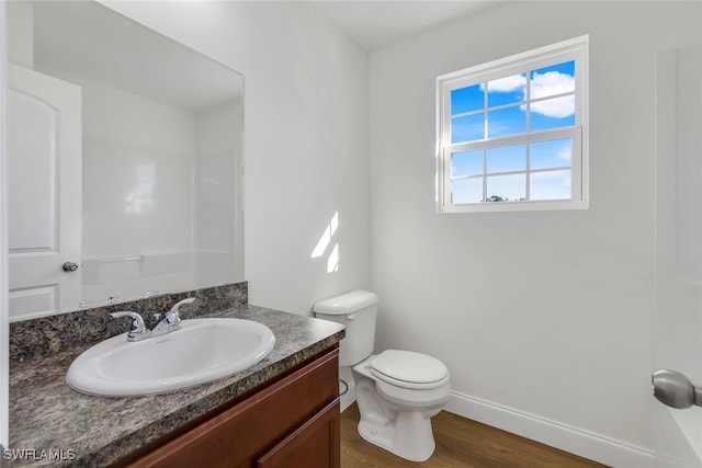 bathroom featuring hardwood / wood-style floors, vanity, and toilet