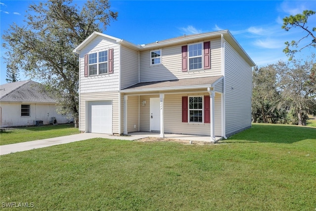 view of front property featuring a porch, a garage, and a front lawn