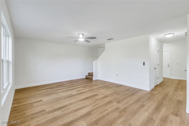 empty room featuring ceiling fan and light hardwood / wood-style floors