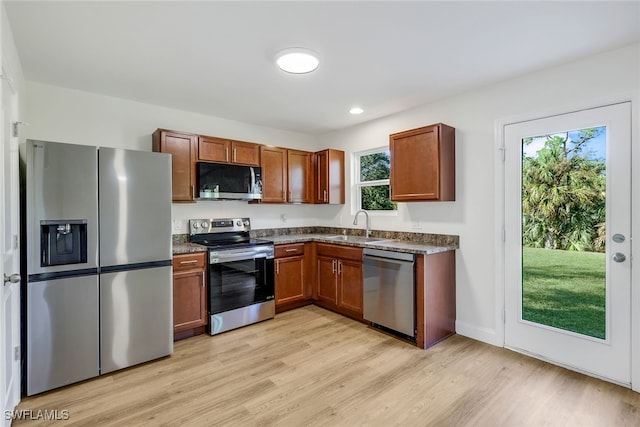 kitchen featuring light wood-type flooring, stainless steel appliances, a healthy amount of sunlight, and sink