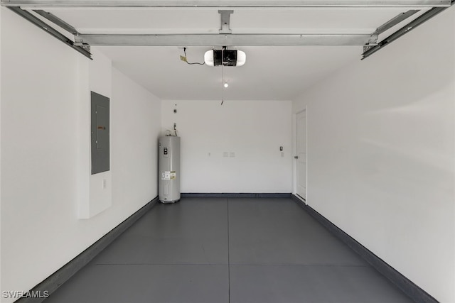 garage featuring a garage door opener, electric water heater, and electric panel