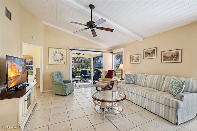 living room featuring vaulted ceiling with beams, ceiling fan, wooden ceiling, and light tile patterned flooring