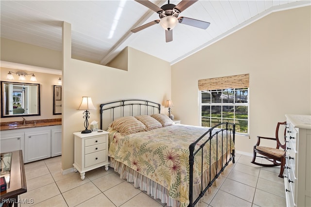 tiled bedroom with lofted ceiling with beams, ceiling fan, wooden ceiling, and sink