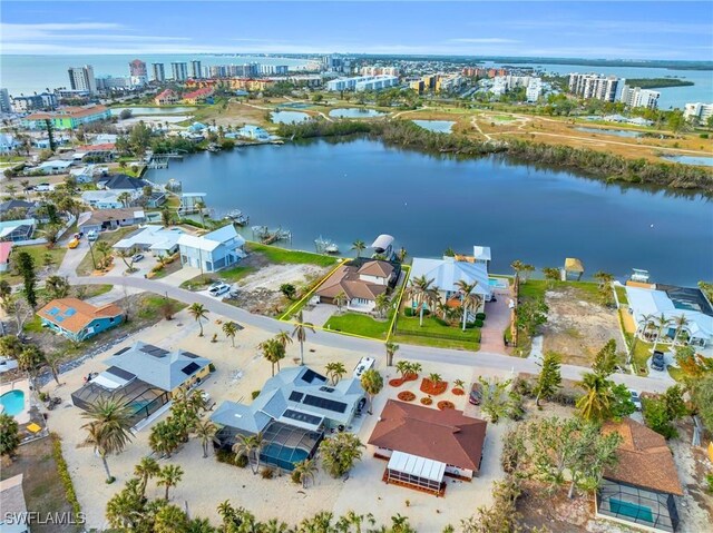 aerial view featuring a water view