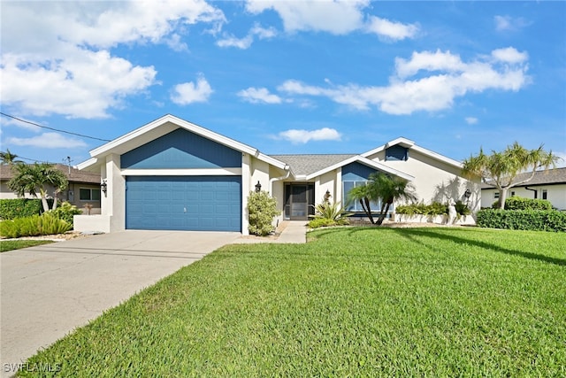 ranch-style house featuring a garage and a front yard