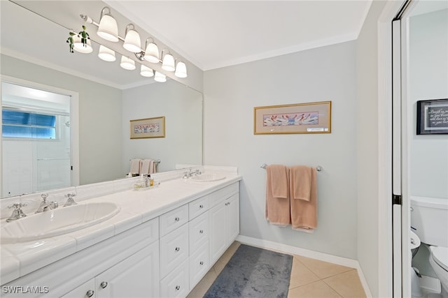 bathroom featuring tile patterned floors, vanity, toilet, and ornamental molding