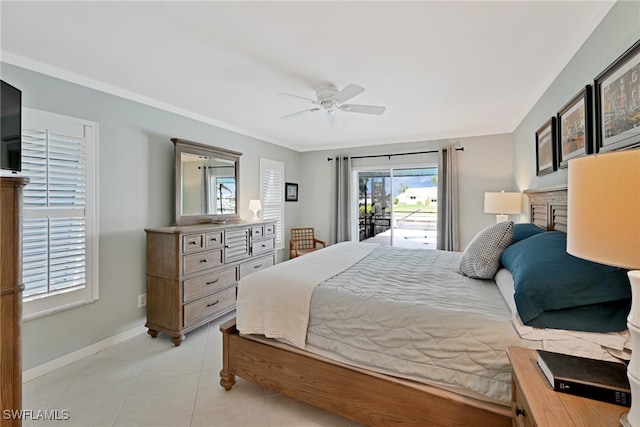 bedroom with access to outside, ceiling fan, and light tile patterned flooring