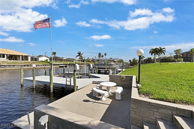 dock area with a yard and a water view