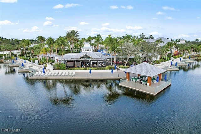 dock area featuring a gazebo and a water view