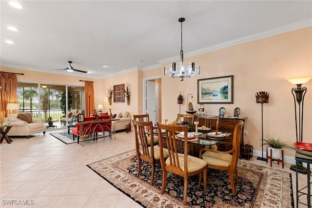 dining space with crown molding, baseboards, light tile patterned floors, recessed lighting, and ceiling fan with notable chandelier