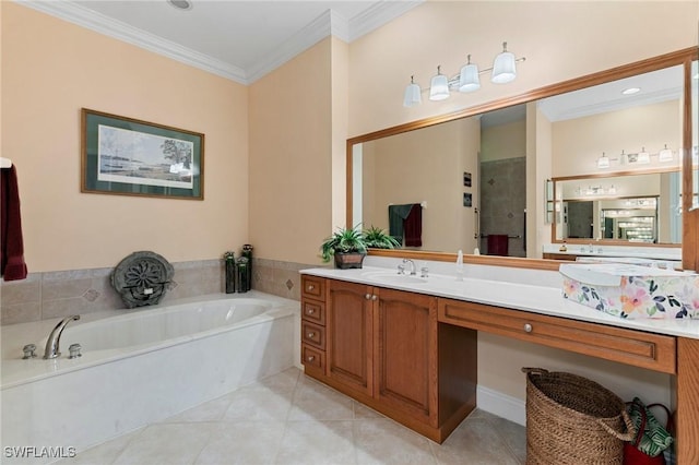 bathroom featuring tile patterned floors, a garden tub, ornamental molding, and vanity