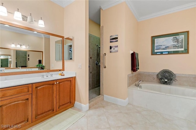 bathroom featuring a garden tub, ornamental molding, a shower stall, tile patterned flooring, and vanity