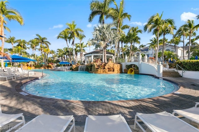 pool with a patio area