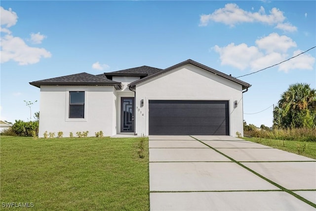7014 Alfa Cir, Labelle, FL 33935 - ranch-style house with stucco siding, an attached garage, concrete driveway, a front lawn, and a shingled roof