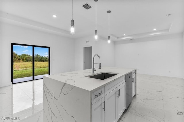 7014 Alfa Cir, Labelle, FL 33935 - kitchen featuring a sink, a tray ceiling, open floor plan, dishwasher, and recessed lighting