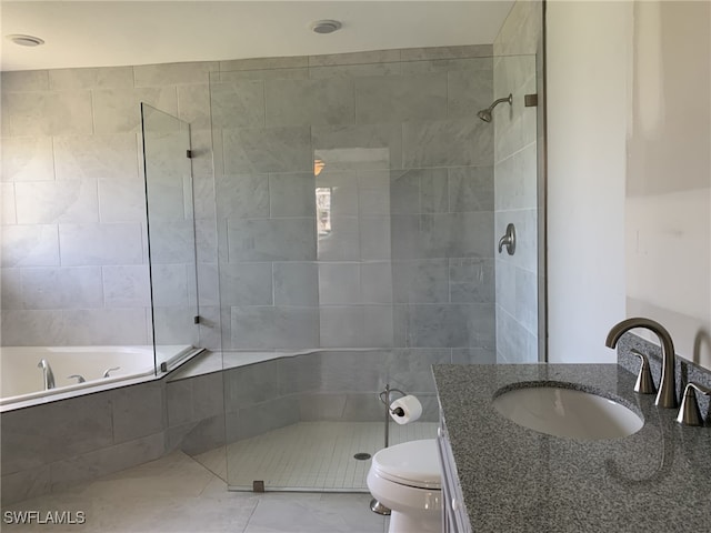 full bathroom with plus walk in shower, vanity, and toilet