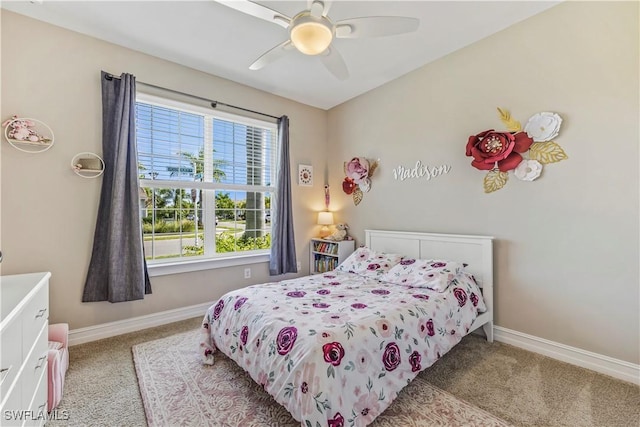 bedroom featuring carpet flooring, ceiling fan, and baseboards