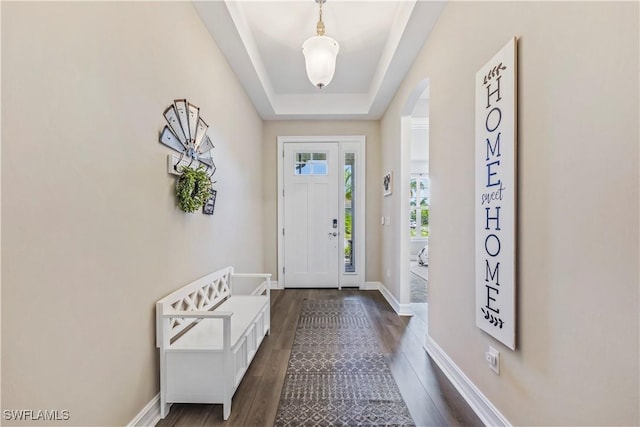 foyer featuring dark wood-style floors, baseboards, a raised ceiling, and arched walkways