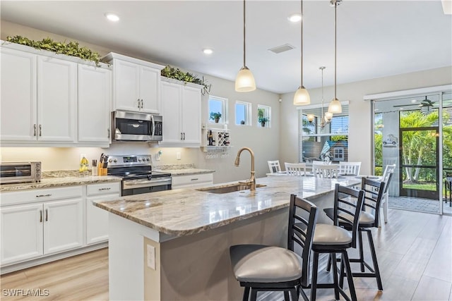 kitchen featuring a breakfast bar, visible vents, appliances with stainless steel finishes, white cabinetry, and a sink