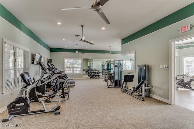 gym featuring recessed lighting, carpet flooring, a ceiling fan, and baseboards