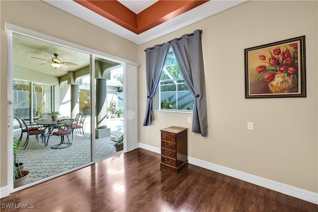 doorway featuring ceiling fan and dark wood-type flooring