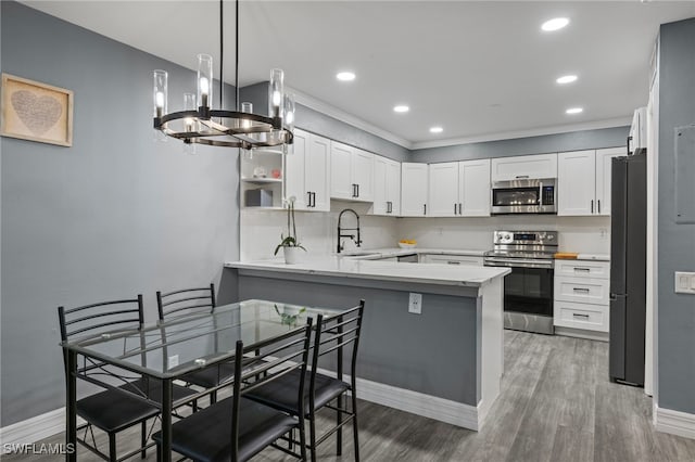 kitchen with hardwood / wood-style floors, white cabinets, sink, kitchen peninsula, and stainless steel appliances