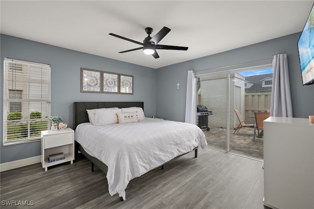 bedroom with ceiling fan and hardwood / wood-style flooring